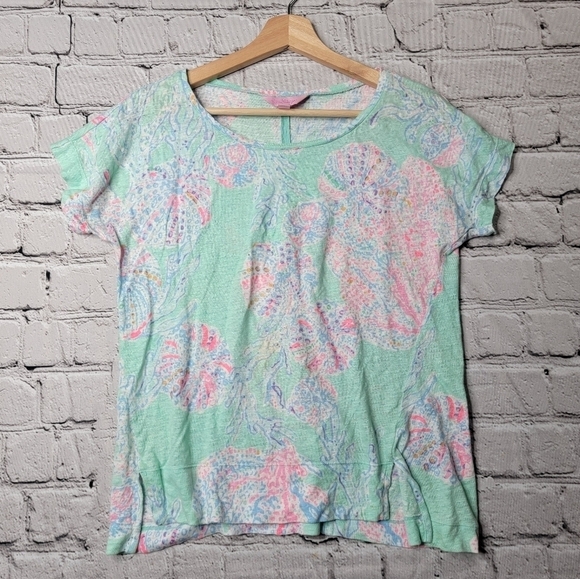 Lilly Pulitzer Mikela Short Sleeve Tshirt 100% Linen in Minty Fresh 20975 Size S - Picture 1 of 11